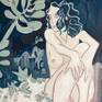 nude female sitting next to plant