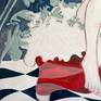 painted leg and foot against abstract shapes