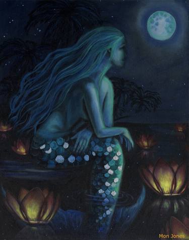 Mermaid with moon and floating lights thumb