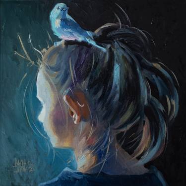 A girl with a bird. Light thumb