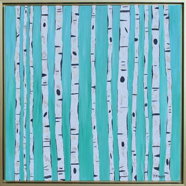 Teal Birches, 24 x 24, Modern Tree Art thumb