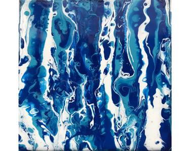 Blue stripe acrylic pour painting fluid art, Resin-coated glossy finish - 5" × 5" thumb