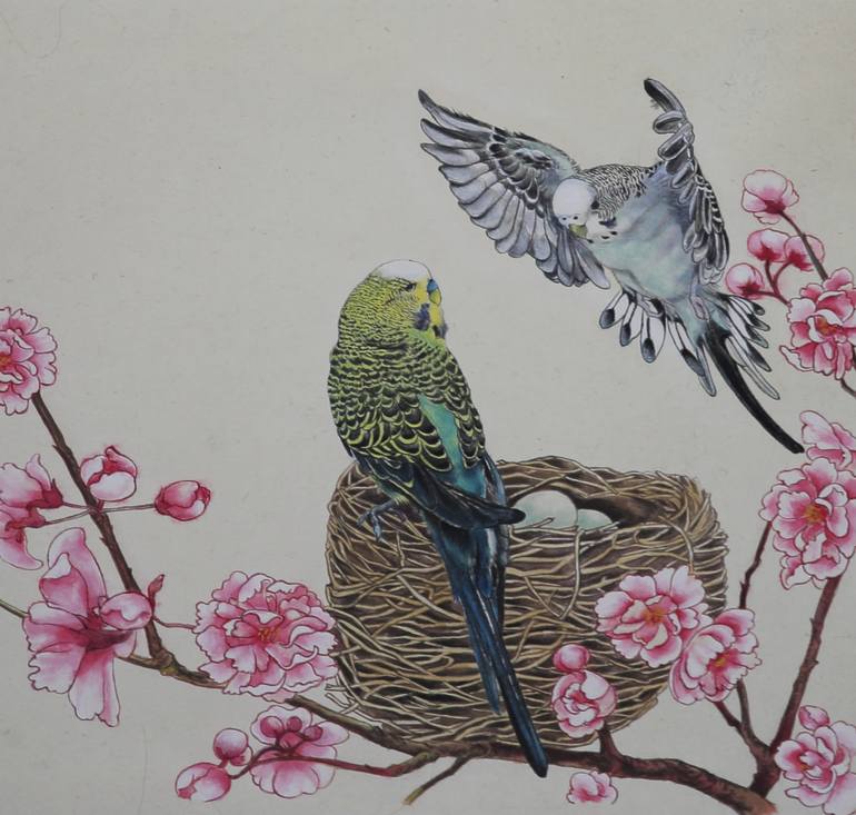 parrot traditional chinese painting original watercolour realistic landscape, hand-painted fine art,birds, lover, love, flower, egg, gift - Print