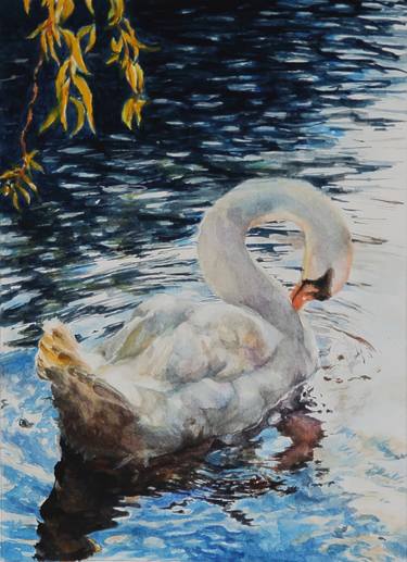 Swan on the water original watercolour painting realistic landscape, hand-painted fine art, gift, decor, lover, river, water, bird, sea, thumb