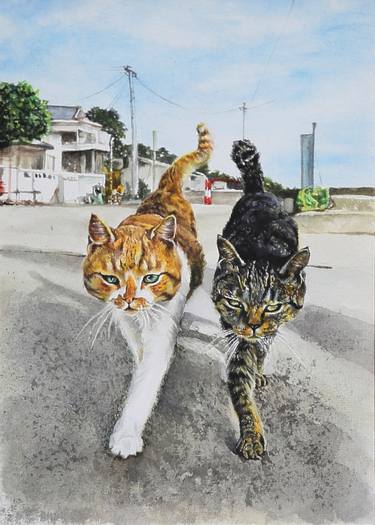 Cats walk original watercolour painting realistic landscape, hand-painted fine art, gift, decor, lover, river, kitten, tabby, wall art, walk thumb