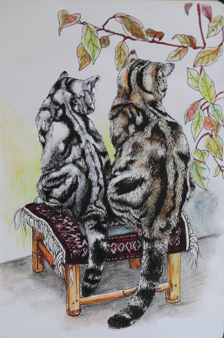 American shorthair cats original watercolour & ink painting realistic portrait, hand-painted art, gift, home, decor, lover, kitten, tabby