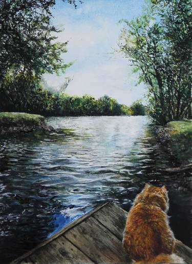 cat beside river original watercolour painting realistic landscape, hand-painted art, gift, home, decor, lover, kitten, river,wall art, orange cat thumb