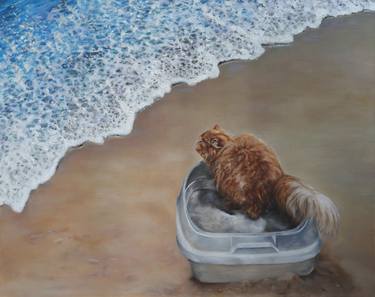 cat on beach. original oil painting realistic hand painted middle size landscape. beach, sea, cats, natural, animals thumb
