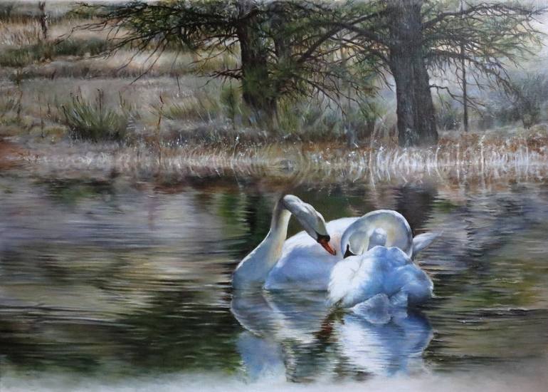Swan on the water original oil painting realistic landscape, hand-painted fine art, gift, decor, lover, river, water, bird, sea