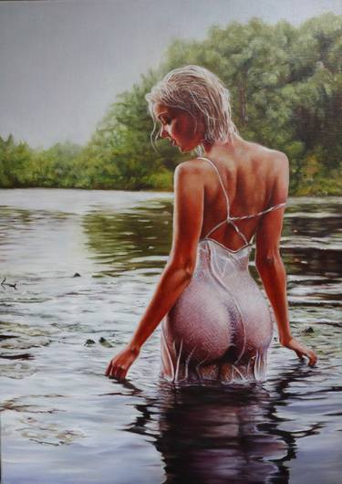 portrait oil painting, realistic woman original painting on canvas, 50×70cm, Hand-painted middle-large size wall Art, decor,water, landscape thumb