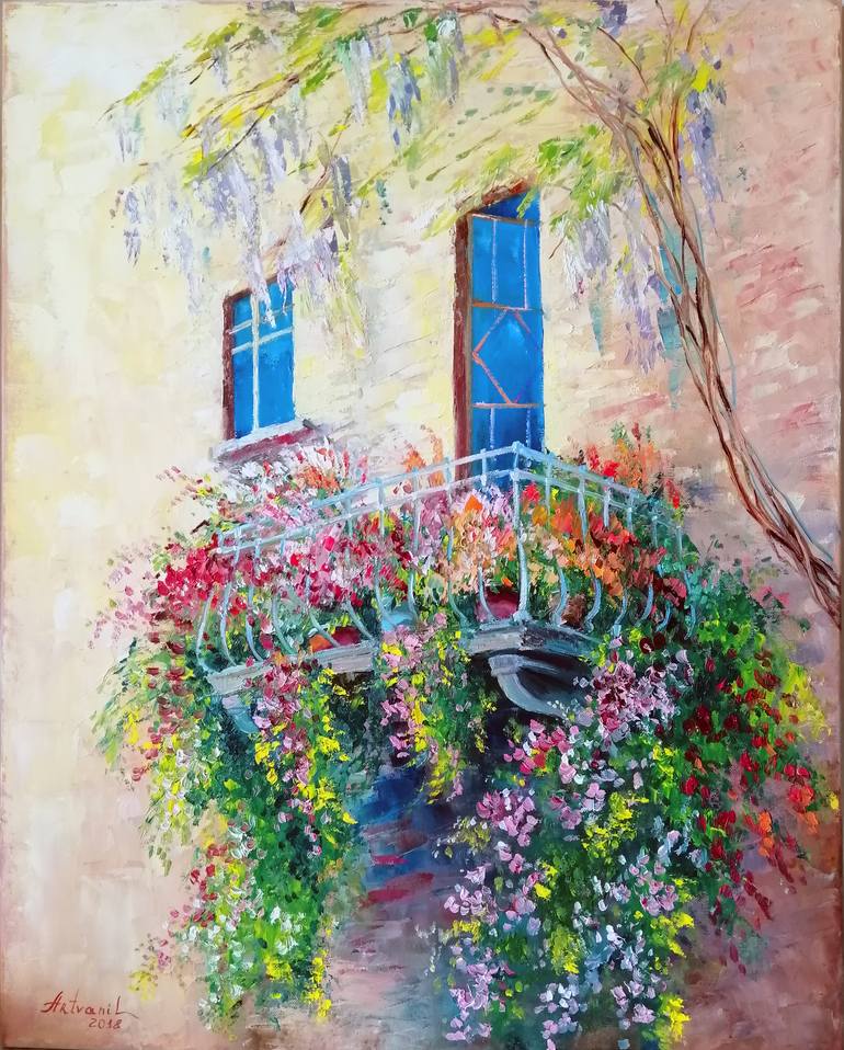 Mediterranean bloomed balcony Painting by Olha Yefimova | Saatchi Art