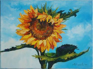 Sunflower and Blue Sky - pallet knife oil painting thumb