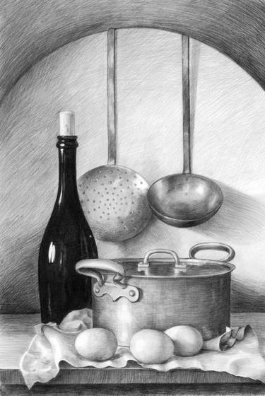 Still Life with Wine Bottle Drawing Kitchen Printable Poster thumb