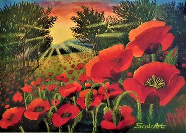 Watercolor Painting "Scarlet Poppies at Dawn"  Size 16” x 22”. thumb