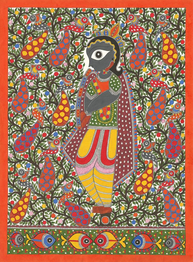 Madhubani Painting-Krishna Painting by Sarita Devi | Saatchi Art