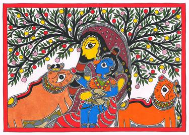 Madhubani Painting-Krishna playing with cows thumb
