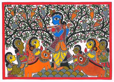 Madhubani Painting-Krishna With Friends thumb