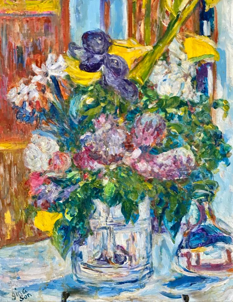 Original Floral Painting by Gina Son | Impressionism Art on Canvas | Yellow Callas (A Study of P. Bonnard's Floral Vase)