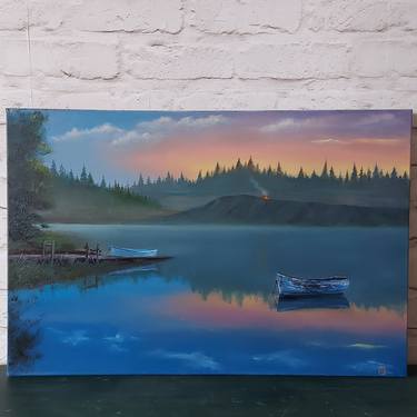 Original oil painting landscape Karelia dawn thumb