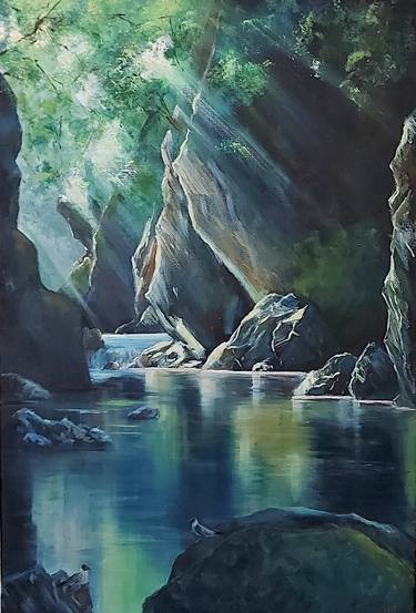 Oil painting landscape sunlight light rocks gulls artwork thumb