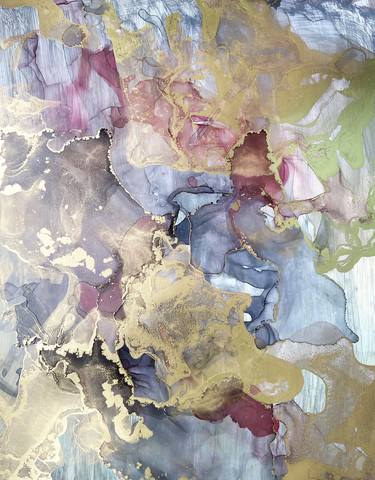 Multicolored abstraction. Gold, pink, blue and gray. Beautiful stains. thumb