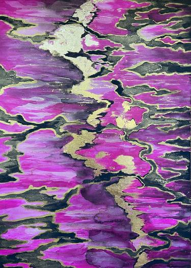 Multi-colored, pink-lilac painting. Bright play of black and gold. # 3 Painting. thumb