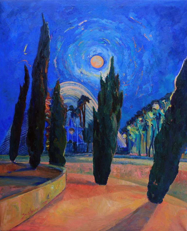 Original Architecture Painting by Olena Zublevich | Contemporary Art on Canvas | Full Moon Sequence