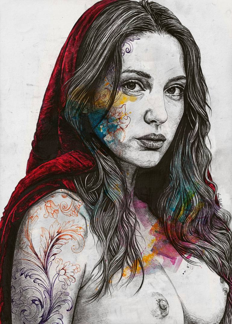 Use Once Then Destroy | nude woman with red cape | sexy portrait Drawing by  Marco Paludet | Saatchi Art