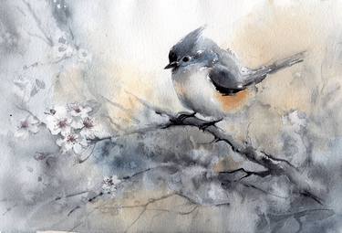Tufted titmouse on blooming branch. Watercolor bird thumb