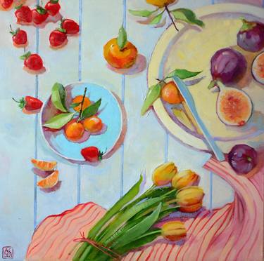 "Still life with strawberries, figs, yellow tulips and the scent of tangerines" thumb