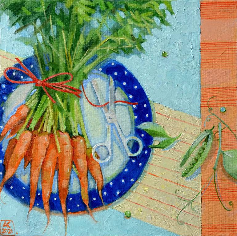 STILL LIFE WITH CARROTS AND PEAS Painting by Alexandra Sergeeva