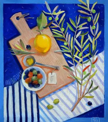 still life with fish and lemons on a striped drapery thumb
