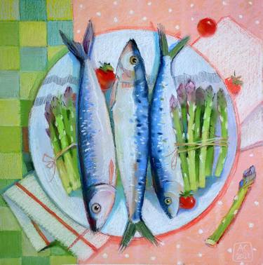 Still life with fish, fresh asparagus and cherry tomatoes thumb