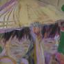 two native naked boys sitting together under a big hat and a rain all around them.
a moment in life. 

graphit+acrylic drawing on paper