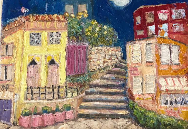 Original Architecture Painting by Ta Lze | Contemporary Art on Canvas | Nightfall