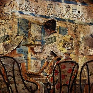 Girls in a Parisian bistro on a warm background of old newspapers - Limited Edition of 1 thumb