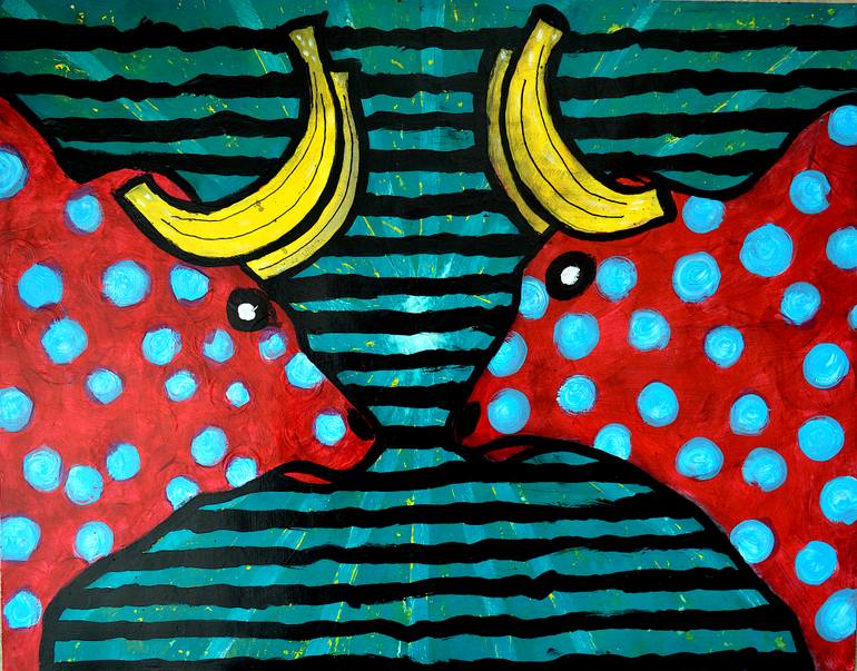 Original Animal Painting by Murray Degelman  Pop Art Art on Paper  POP Art  Banana Bulls 2026 Original