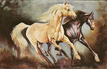 Dark Knights Horses Original Oil Painting 25 Years Old thumb