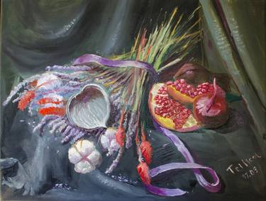 Still life: Lavender, cotton and pomegranate thumb