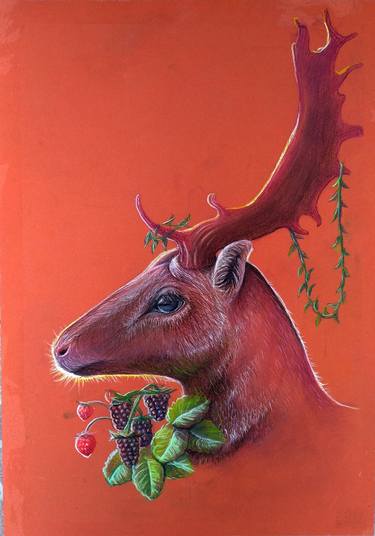 Deer with berries, Pastel wildlife painting thumb