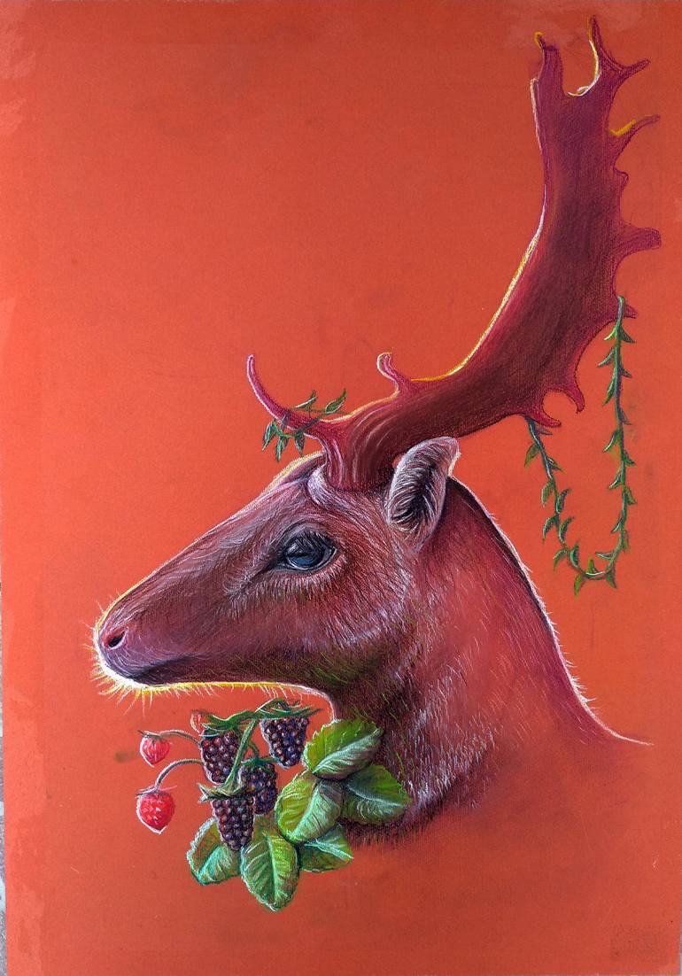 Deer with berries, Pastel wildlife painting Drawing by Yana Koroliova