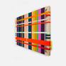 Inspired by the graphic patterns/colors used in weaving, fashion and textiles. This series is vibrant and modern. The woven canvas strips give these works dimension and texture. The hand crafted maple frames are accented by simple, solid corner joinery. Ready to hang.