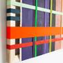 Inspired by the graphic patterns/colors used in weaving, fashion and textiles. This series is vibrant and modern. The woven canvas strips give these works dimension and texture. The hand crafted maple frames are accented by simple, solid corner joinery. Ready to hang.