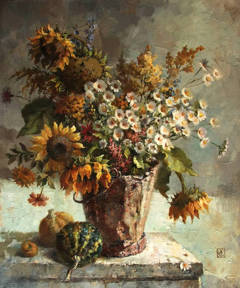 Bouquet of sunflowers in a rusty bucket Painting by Anna Smorygina ...