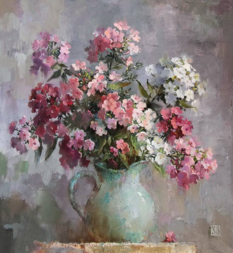 Phlox in a green jug Painting by Anna Smorygina | Saatchi Art