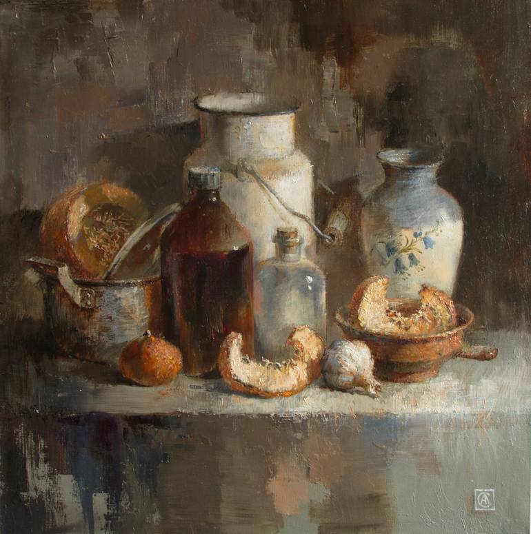 Still life with pumpkin slices Painting by Anna Smorygina | Saatchi Art