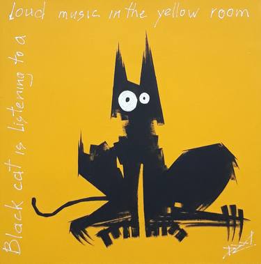 Black cat is listening to a loud music in the yellow room thumb