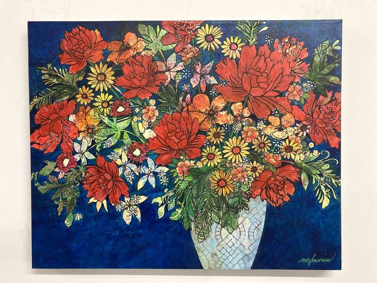 Original Art Deco Floral Painting by Marie-Claude Fournier