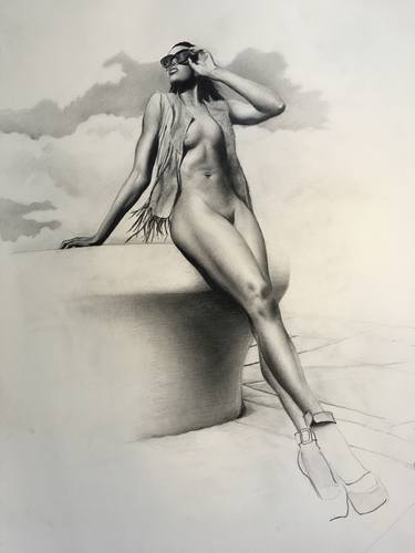 nude female figure , standing against stone, clouds thumb