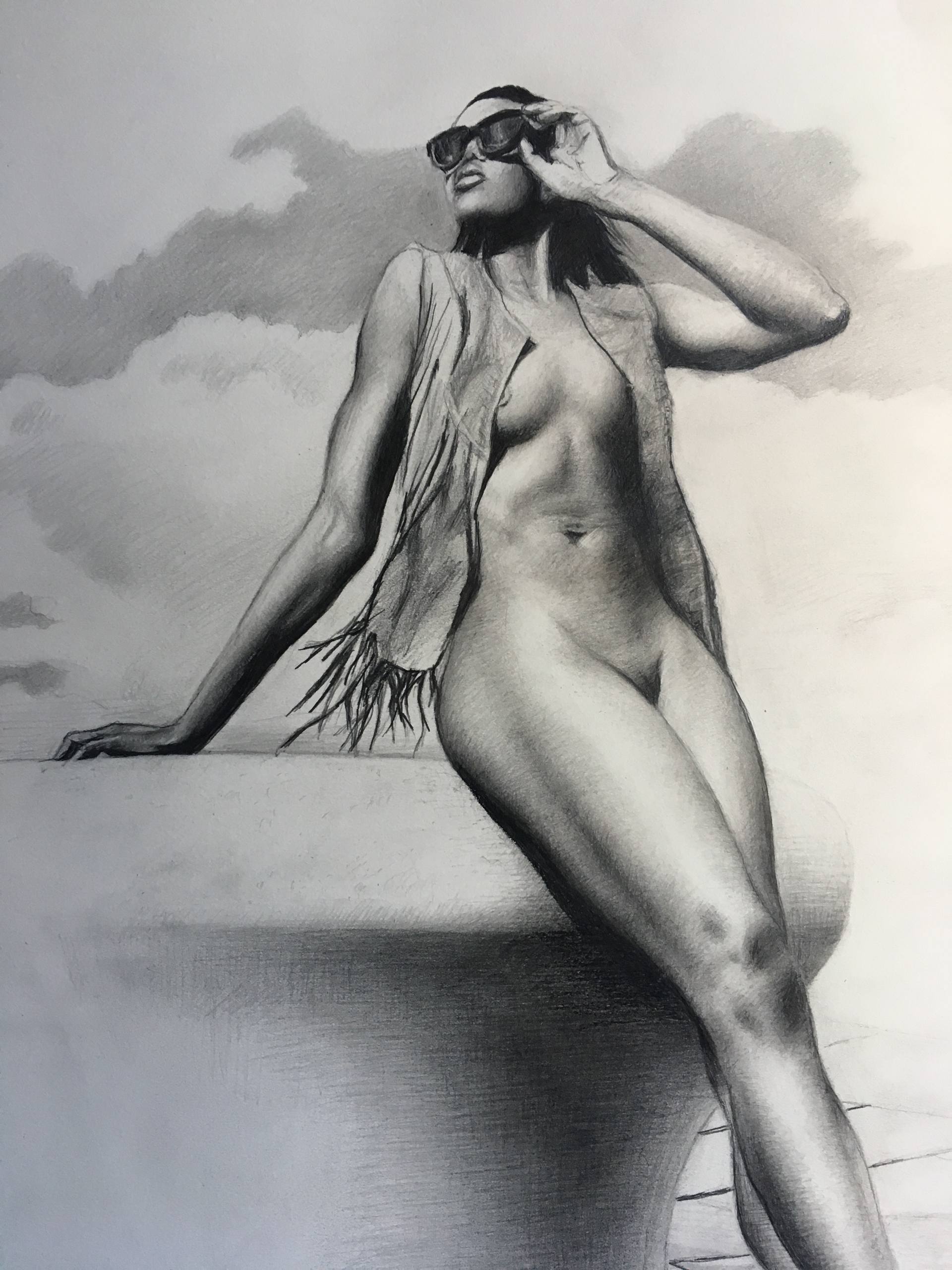 nude female figure , standing against stone, clouds Drawing by Christopher  LoPresti | Saatchi Art